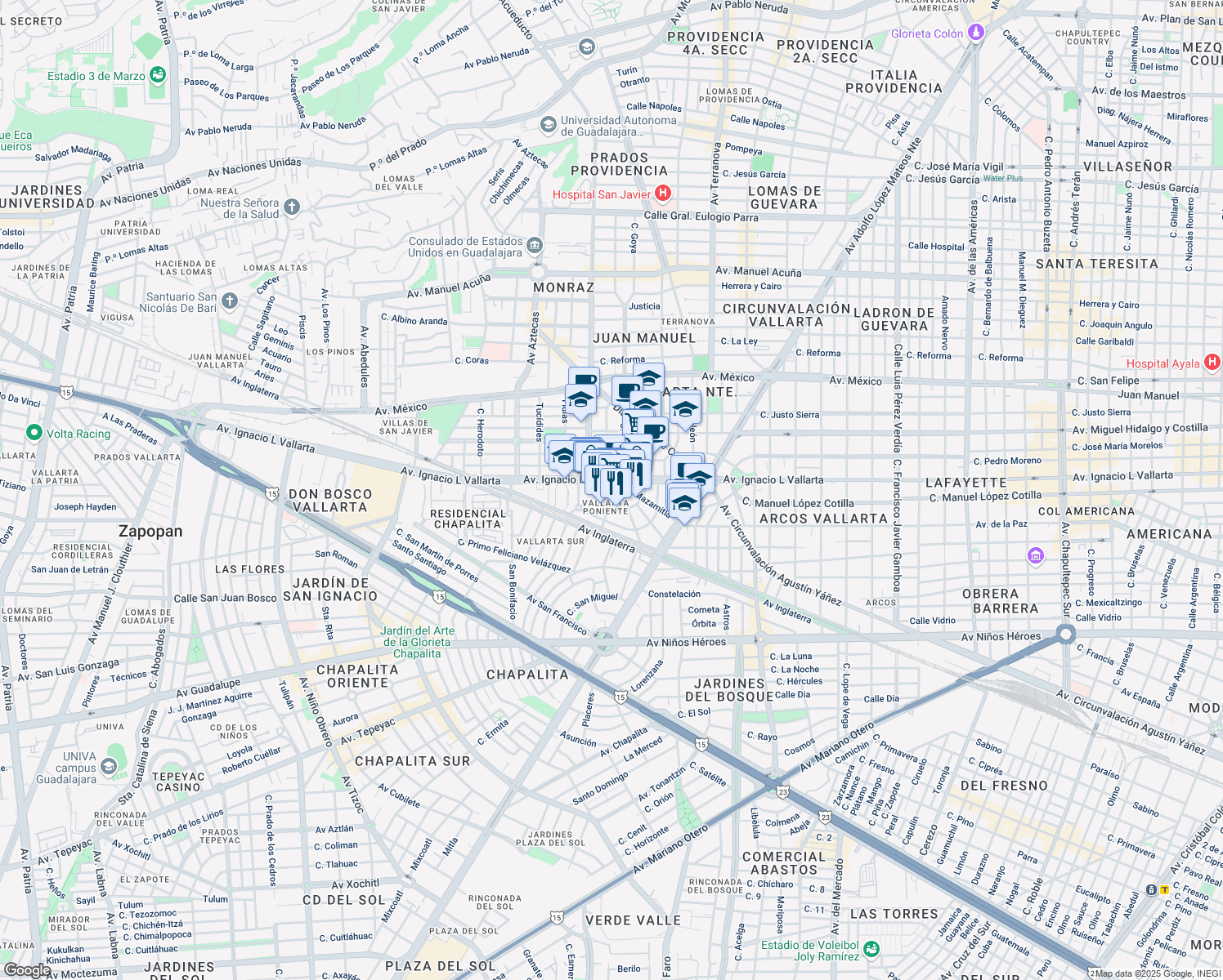map of restaurants, bars, coffee shops, grocery stores, and more near 2482 Plazuela Vallarta in Guadalajara