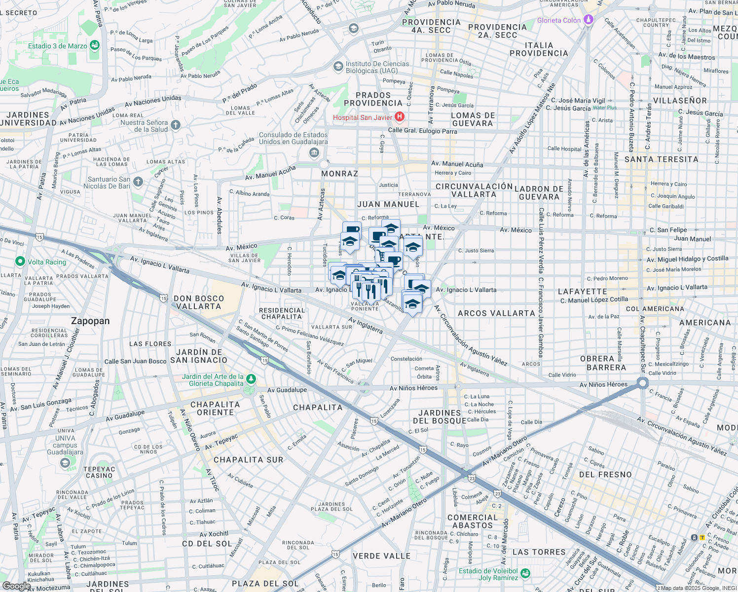 map of restaurants, bars, coffee shops, grocery stores, and more near 3250 Plazuela Vallarta in Guadalajara