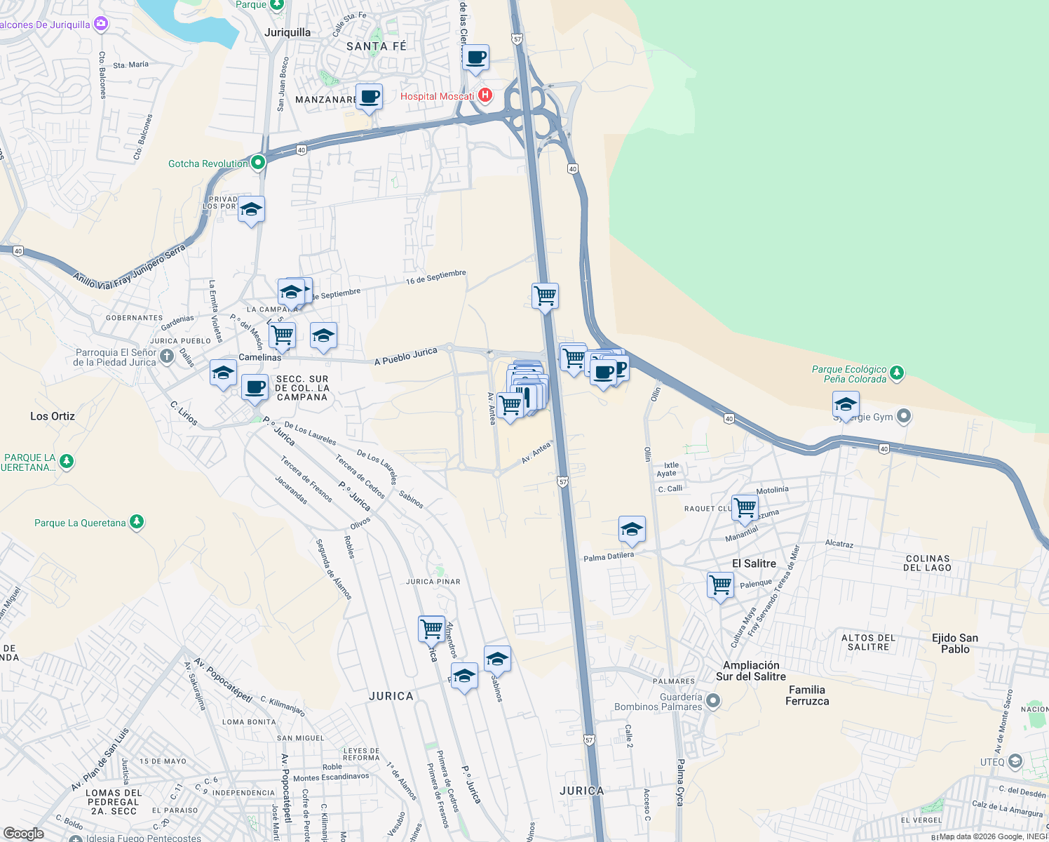 map of restaurants, bars, coffee shops, grocery stores, and more near 12401 San Luis Potosí - Santiago de Querétaro in El Salitre