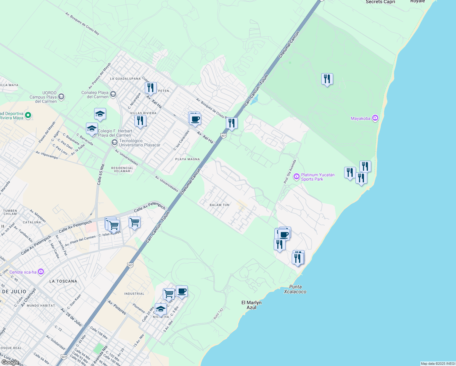 map of restaurants, bars, coffee shops, grocery stores, and more near Amanecer in Playa del Carmen