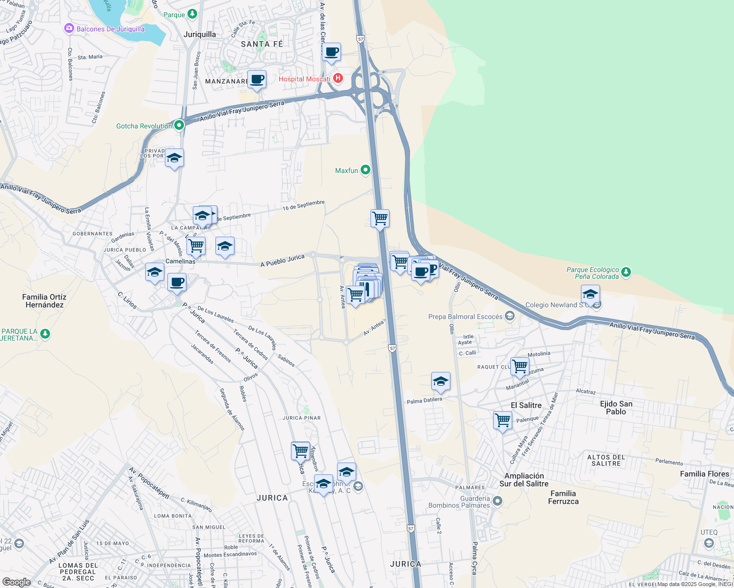 map of restaurants, bars, coffee shops, grocery stores, and more near 12401 San Luis Potosí - Santiago de Querétaro in El Salitre
