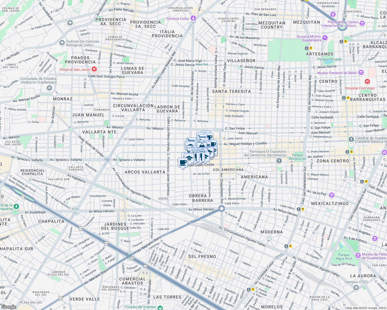 map of restaurants, bars, coffee shops, grocery stores, and more near 1775 Calle Pedro Moreno in Guadalajara
