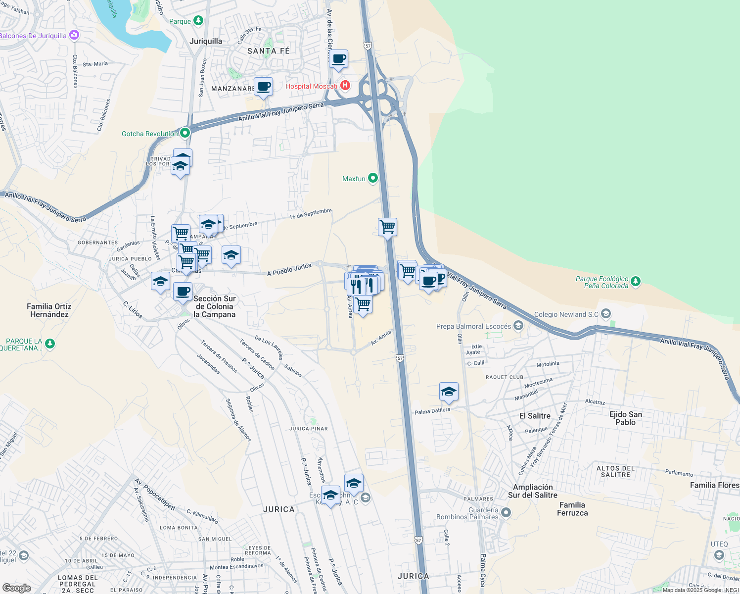 map of restaurants, bars, coffee shops, grocery stores, and more near 12401 San Luis Potosí - Santiago de Querétaro in El Salitre