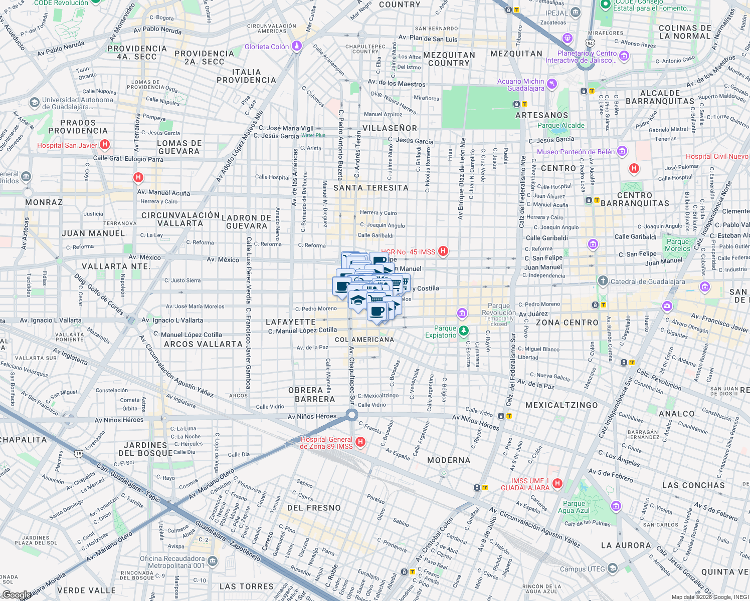map of restaurants, bars, coffee shops, grocery stores, and more near 1505 Morelos in Guadalajara