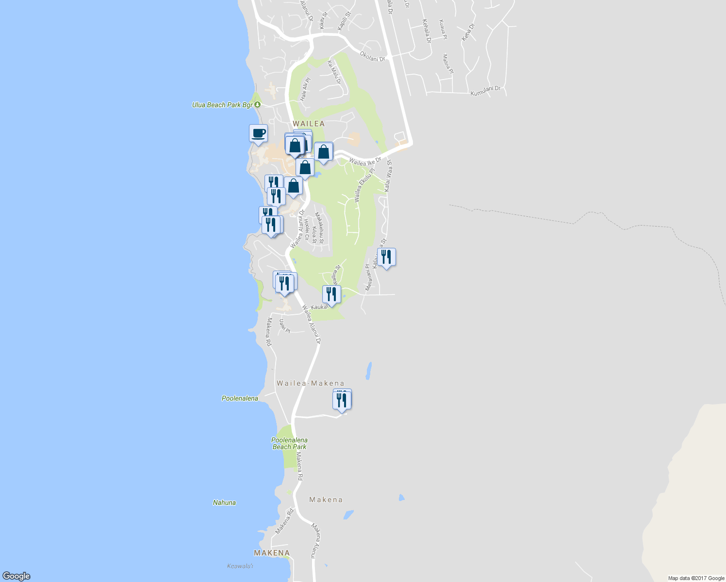 map of restaurants, bars, coffee shops, grocery stores, and more near 4390 Melianani Place in Kihei