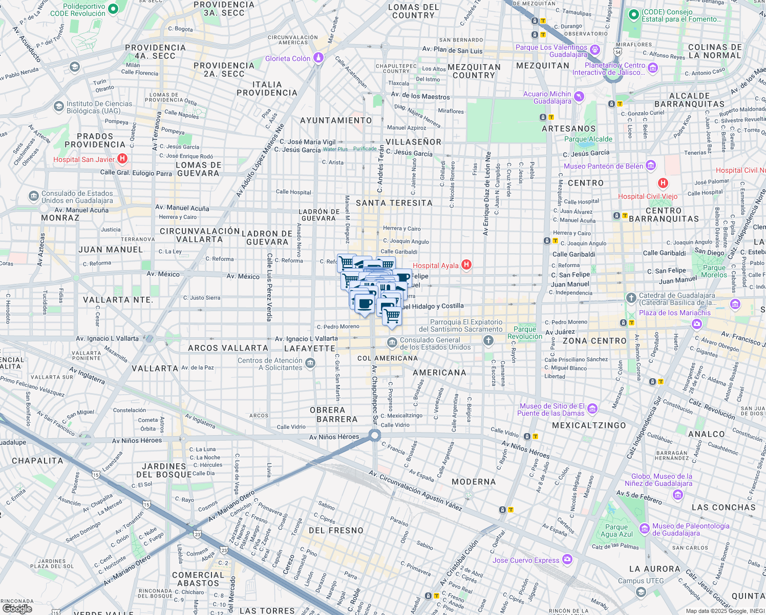 map of restaurants, bars, coffee shops, grocery stores, and more near 1291 Avenida Hidalgo in Guadalajara