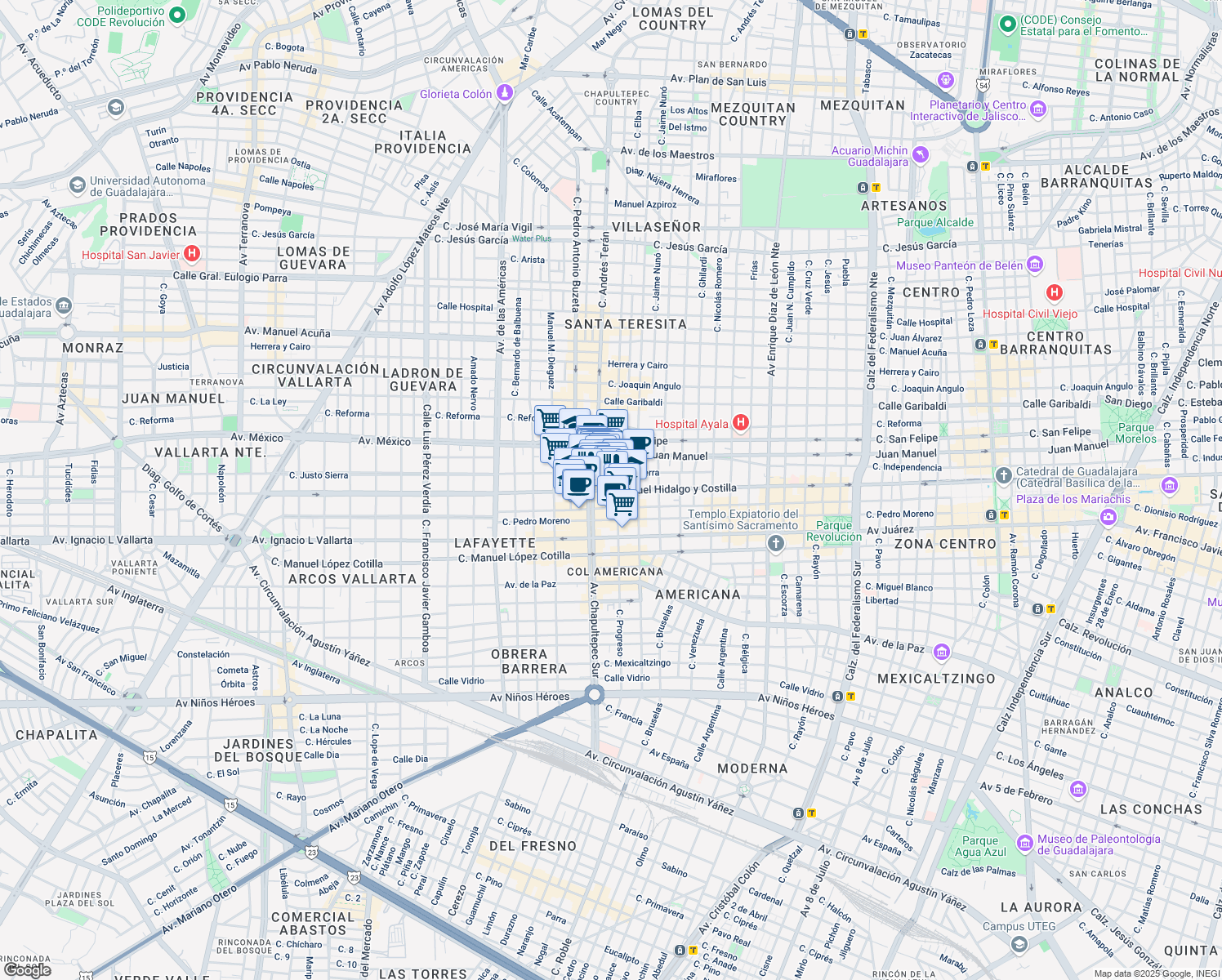 map of restaurants, bars, coffee shops, grocery stores, and more near 1291 Avenida Hidalgo in Guadalajara