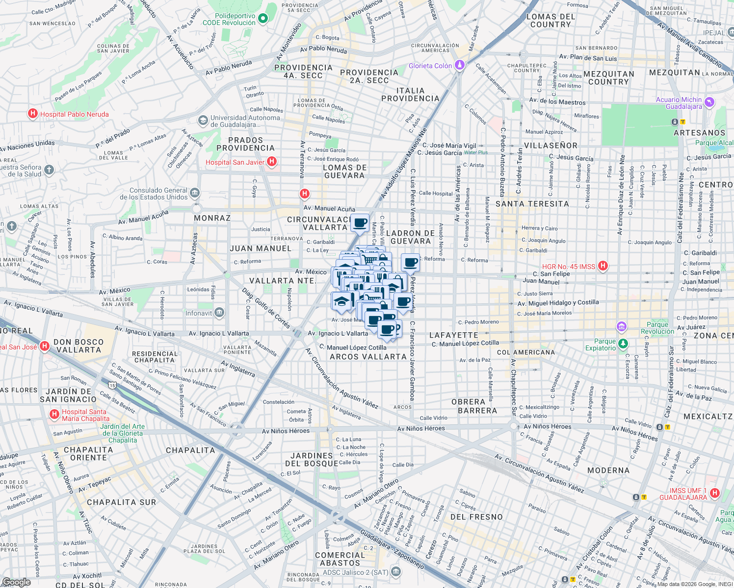map of restaurants, bars, coffee shops, grocery stores, and more near Calle Justo Sierra in Guadalajara