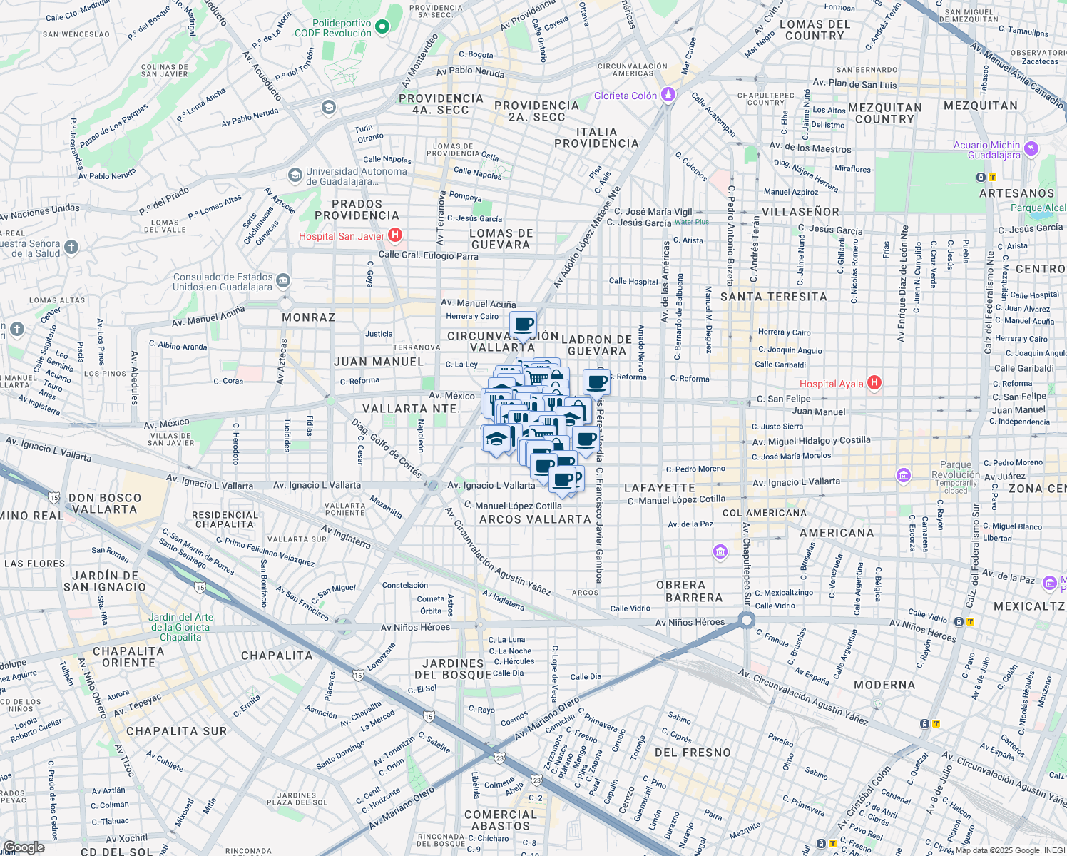map of restaurants, bars, coffee shops, grocery stores, and more near Calle Justo Sierra in Guadalajara