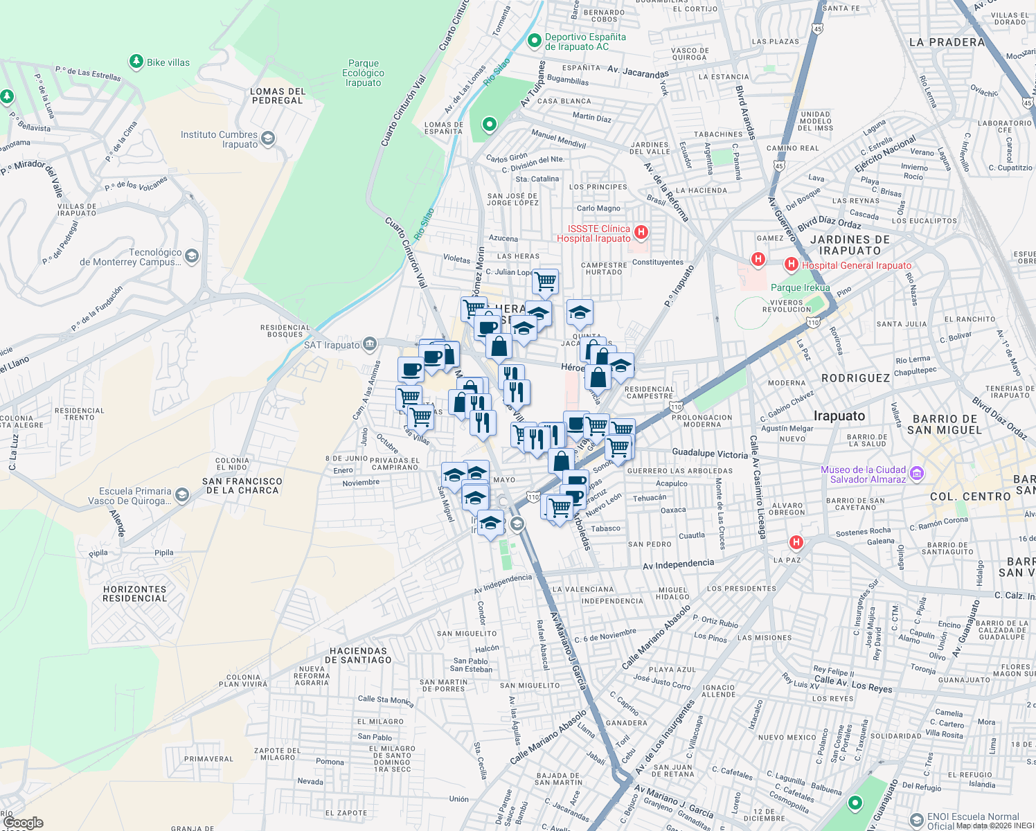 map of restaurants, bars, coffee shops, grocery stores, and more near in Villas de Irapuato