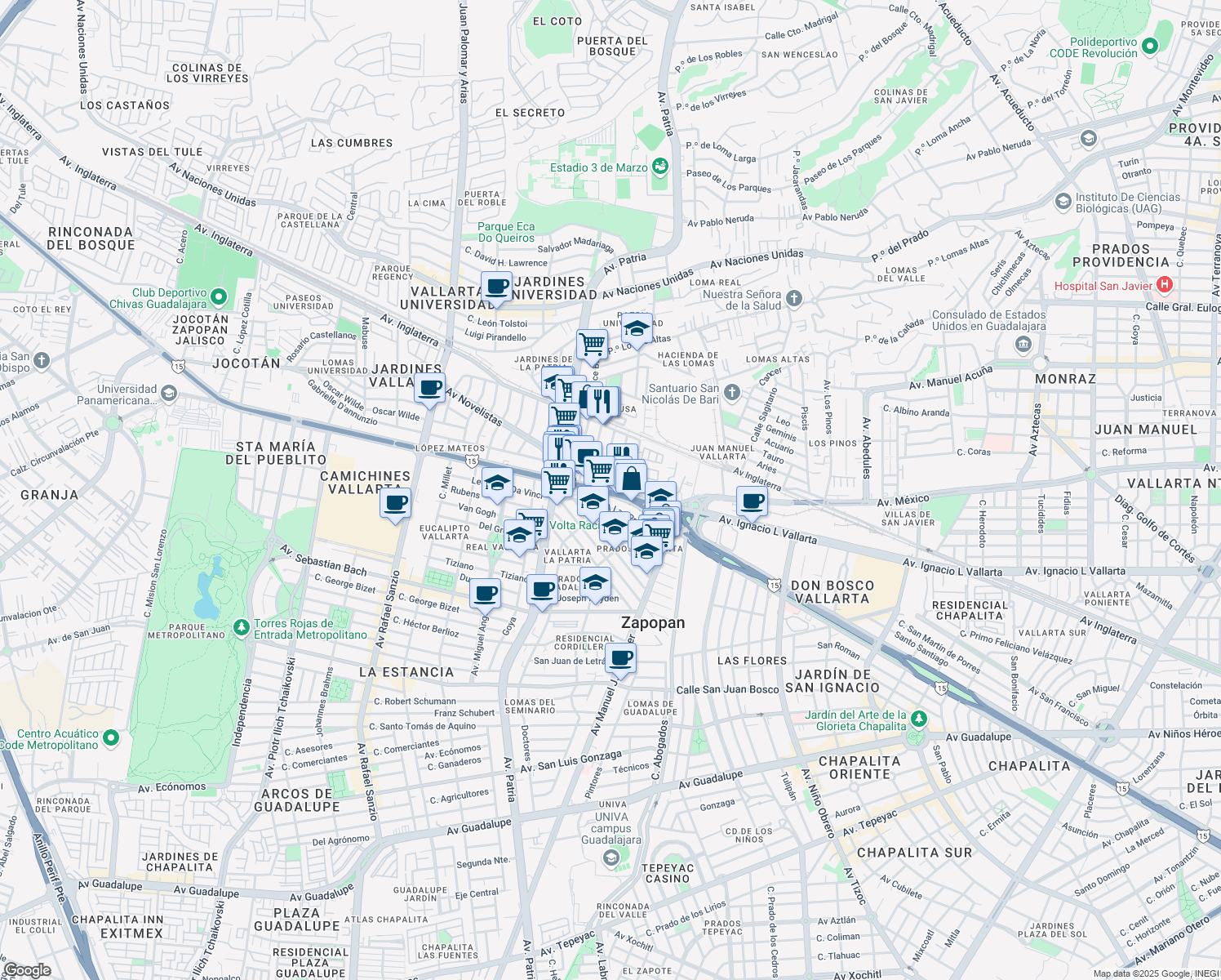 map of restaurants, bars, coffee shops, grocery stores, and more near 5145 Avenida Ignacio Luis Vallarta in Zapopan