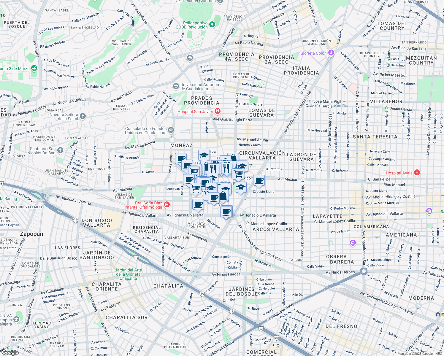 map of restaurants, bars, coffee shops, grocery stores, and more near 2891 Mexico in Guadalajara