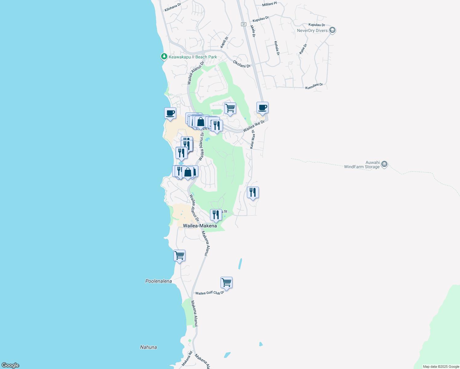 map of restaurants, bars, coffee shops, grocery stores, and more near 3980 Wailea Ekolu Place in Kihei
