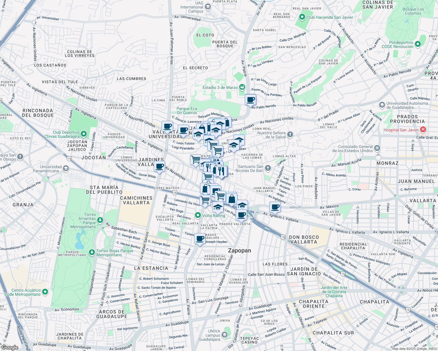 map of restaurants, bars, coffee shops, grocery stores, and more near 4800 Avenida Inglaterra in Zapopan