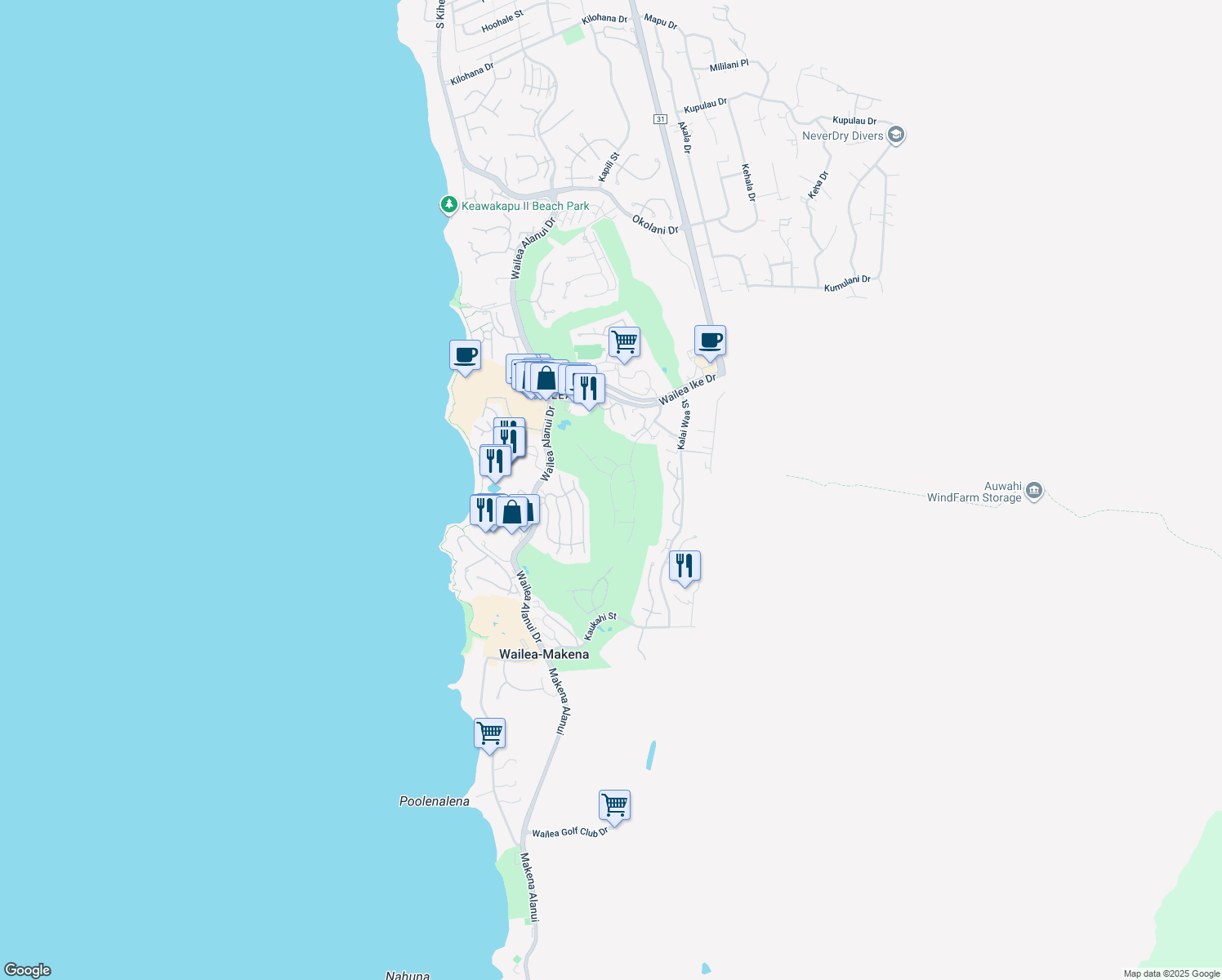 map of restaurants, bars, coffee shops, grocery stores, and more near 3901 Waakaula Place in Kihei