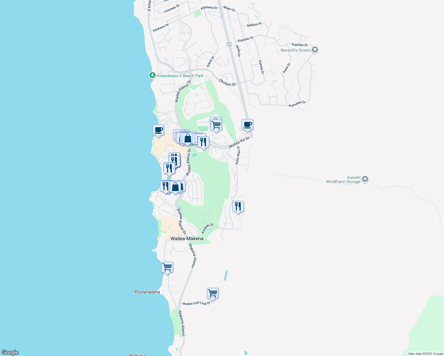 map of restaurants, bars, coffee shops, grocery stores, and more near 3885 Wailea Ekolu Place in Kihei