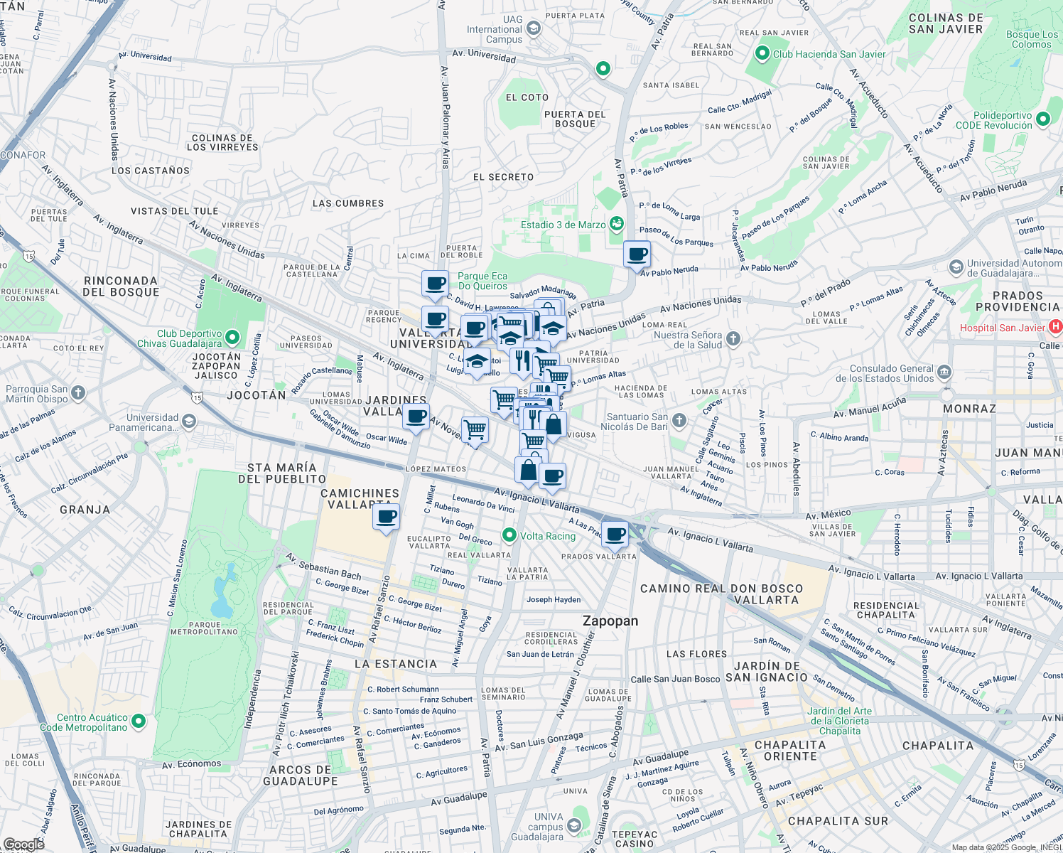 map of restaurants, bars, coffee shops, grocery stores, and more near 4800 Avenida Inglaterra in Zapopan