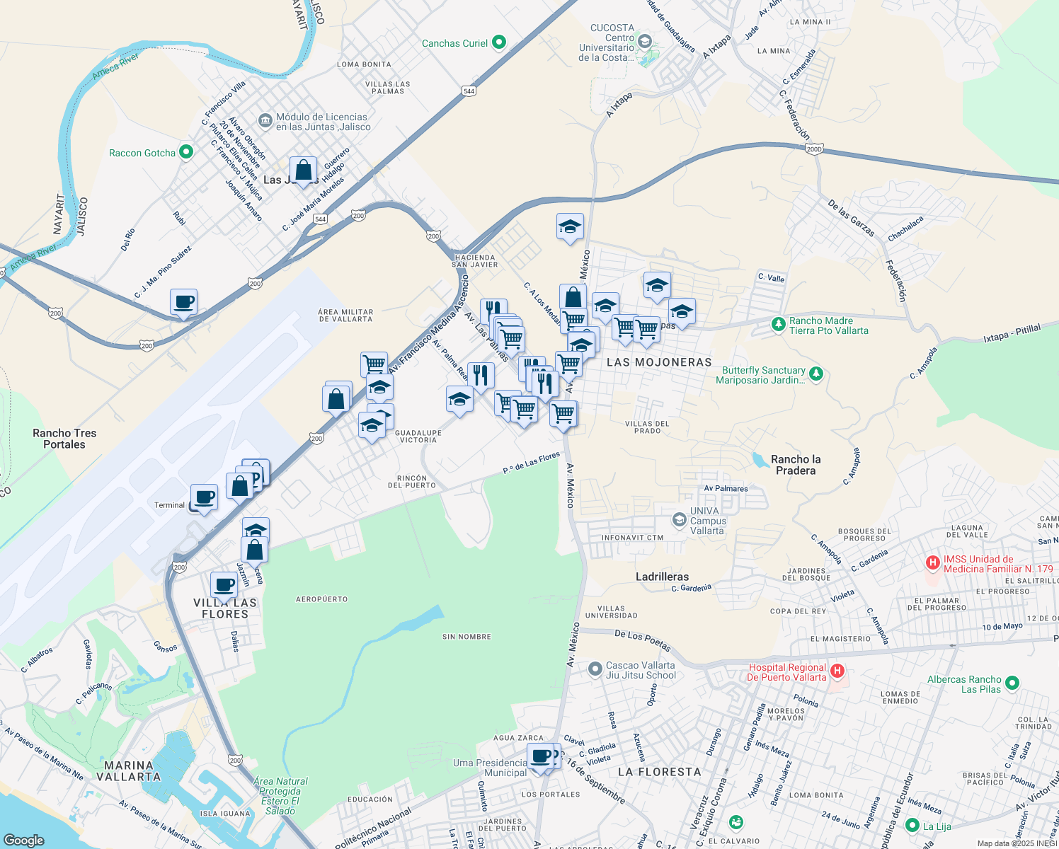 map of restaurants, bars, coffee shops, grocery stores, and more near 143 Palma Kentia in Puerto Vallarta