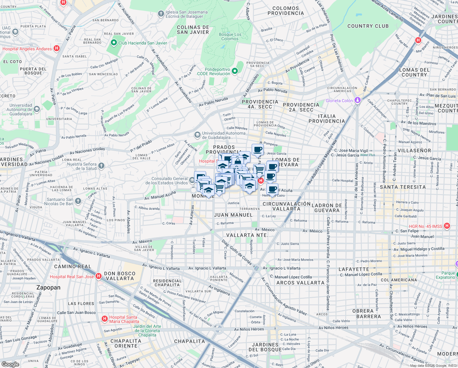 map of restaurants, bars, coffee shops, grocery stores, and more near 567 Goya in Guadalajara