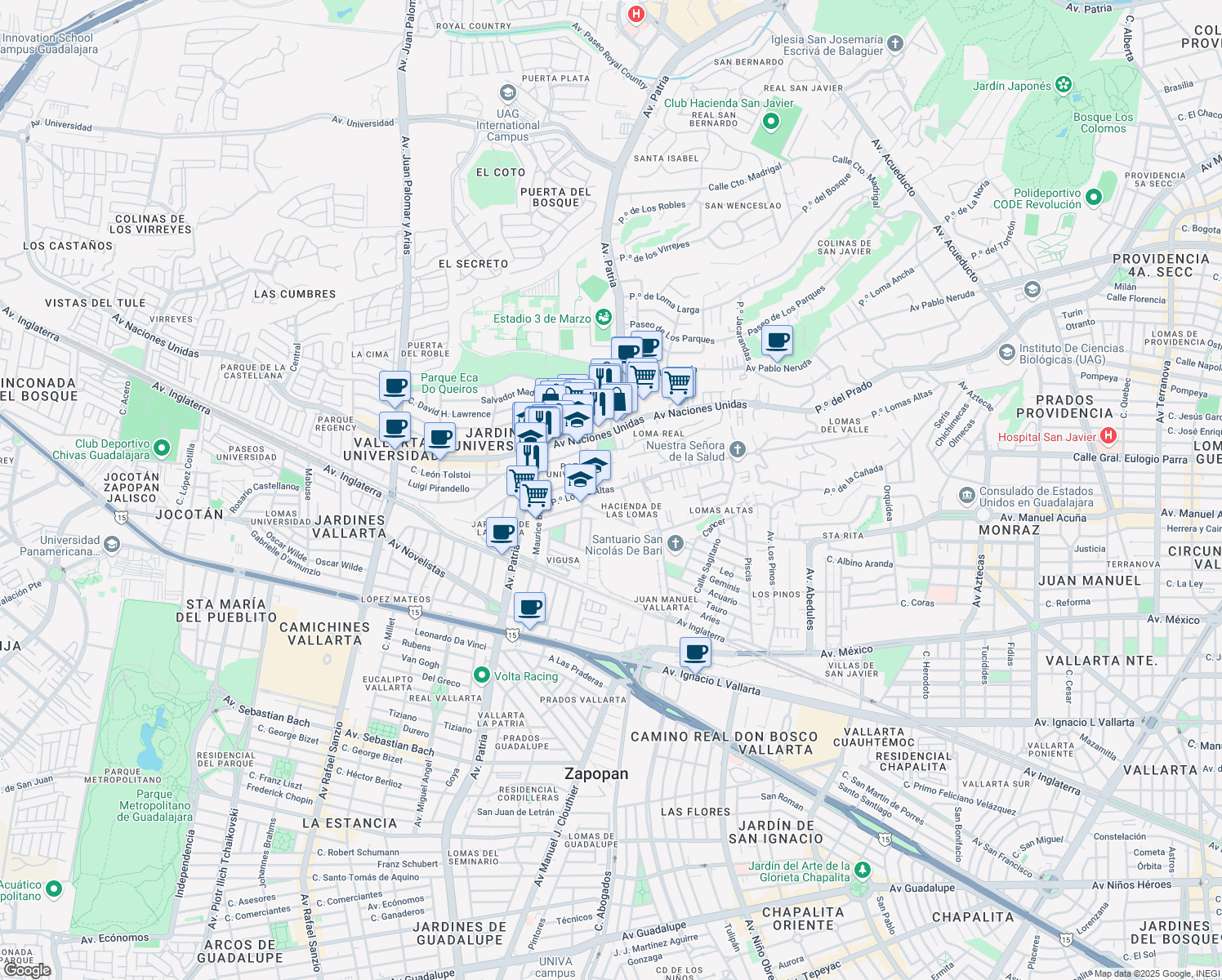 map of restaurants, bars, coffee shops, grocery stores, and more near in Zapopan