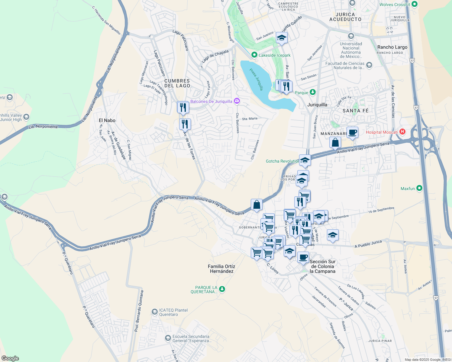 map of restaurants, bars, coffee shops, grocery stores, and more near 1142 Circuito Altos Juriquilla in Juriquilla