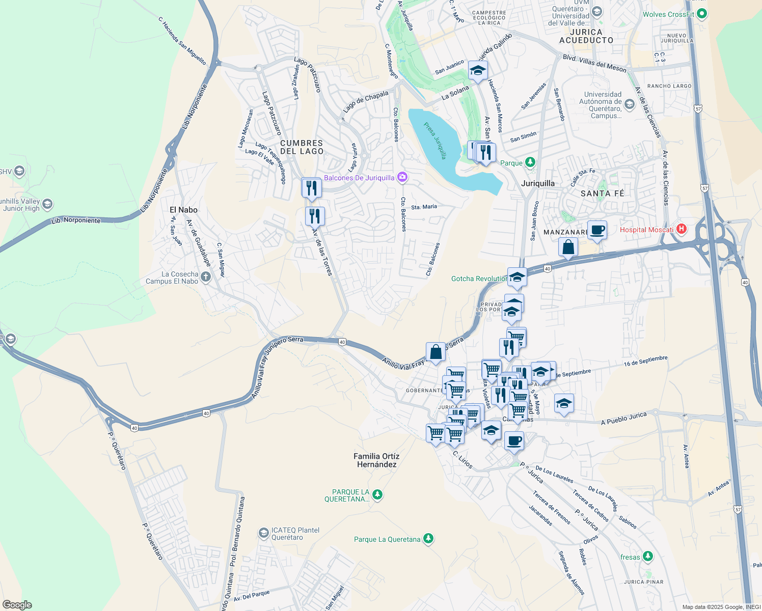 map of restaurants, bars, coffee shops, grocery stores, and more near 1142 Circuito Altos Juriquilla in Juriquilla