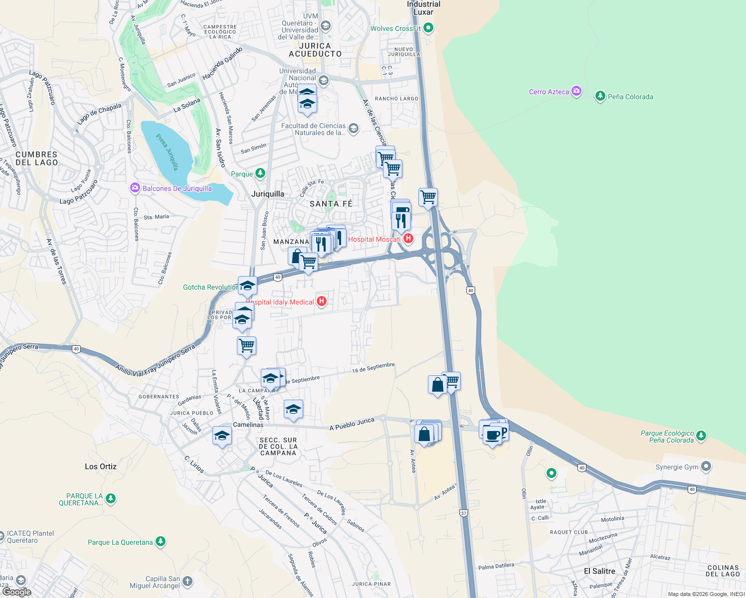 map of restaurants, bars, coffee shops, grocery stores, and more near 5121 Avenida Santa Rosa in Juriquilla