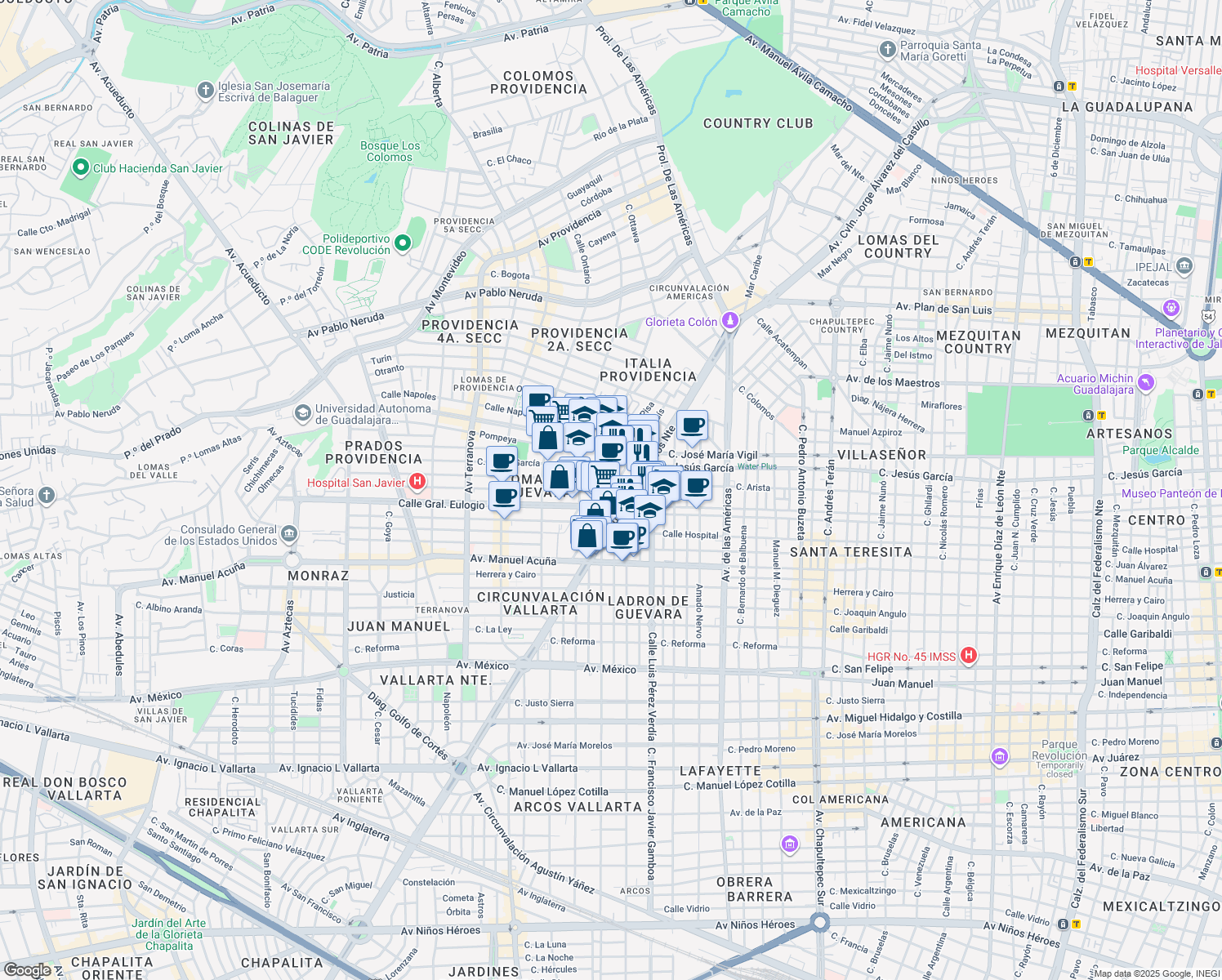 map of restaurants, bars, coffee shops, grocery stores, and more near 2405 Calle José María Heredia in Guadalajara