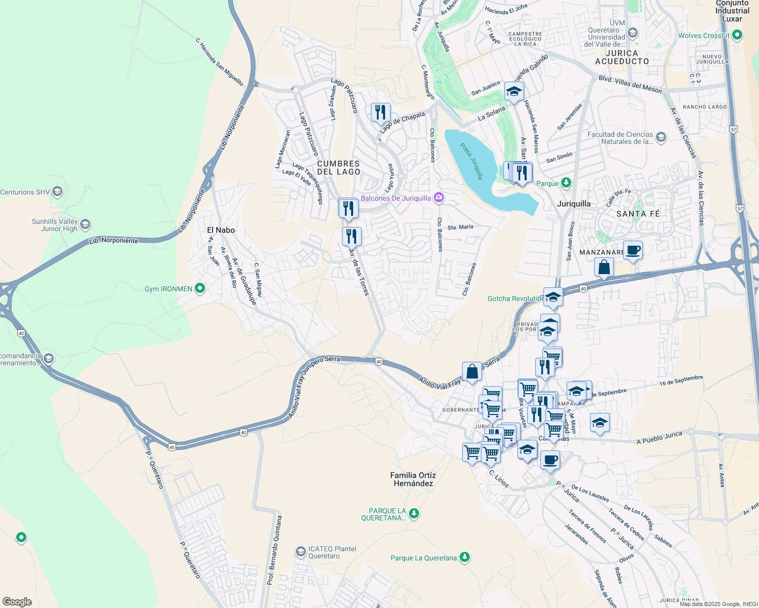 map of restaurants, bars, coffee shops, grocery stores, and more near in Santiago de Querétaro