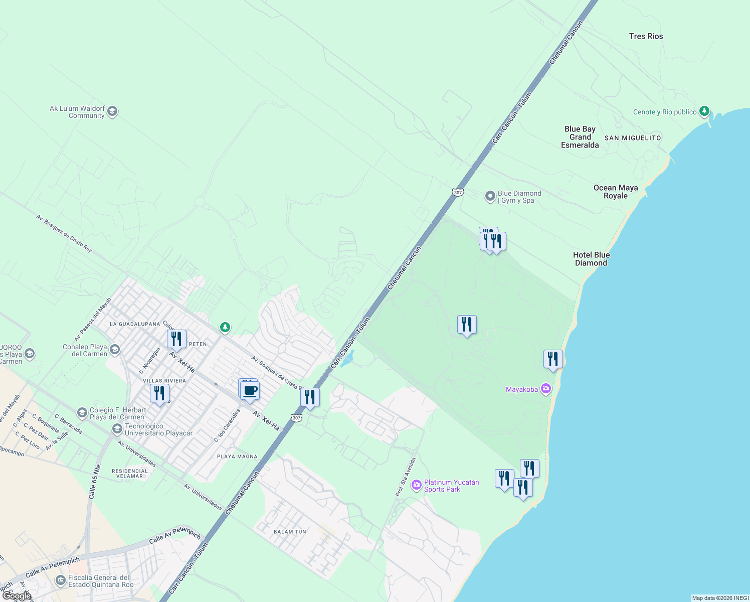 map of restaurants, bars, coffee shops, grocery stores, and more near km 298 Carretera Federal 307 in Playa del Carmen