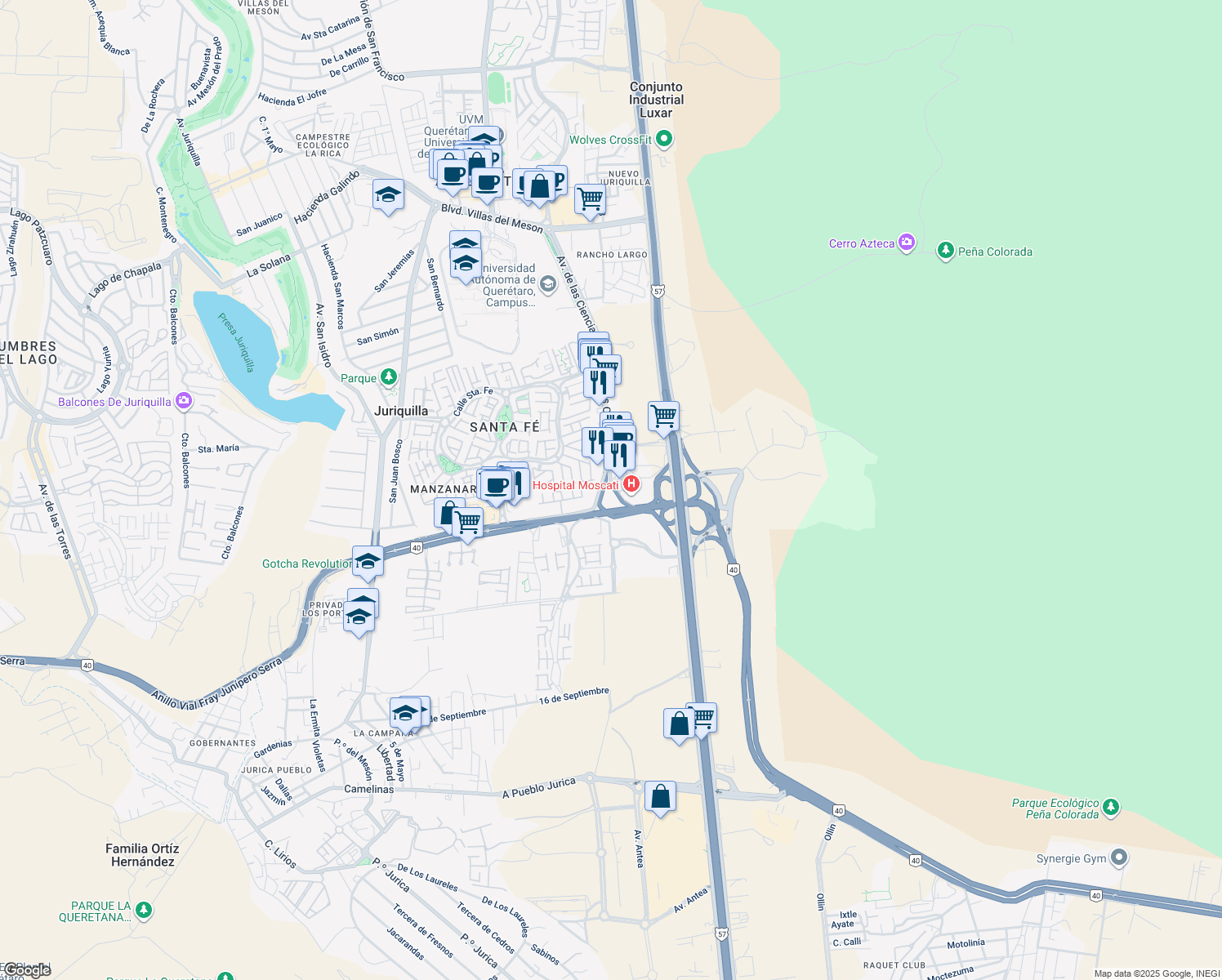 map of restaurants, bars, coffee shops, grocery stores, and more near in Juriquilla