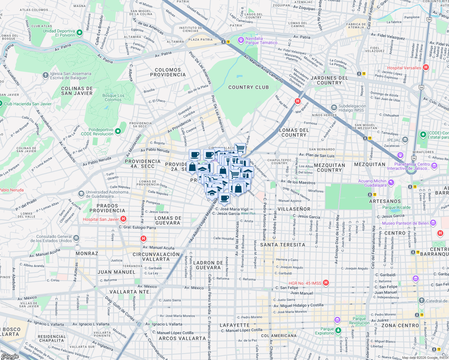 map of restaurants, bars, coffee shops, grocery stores, and more near 95 Avenida Adolfo López Mateos Norte in Guadalajara