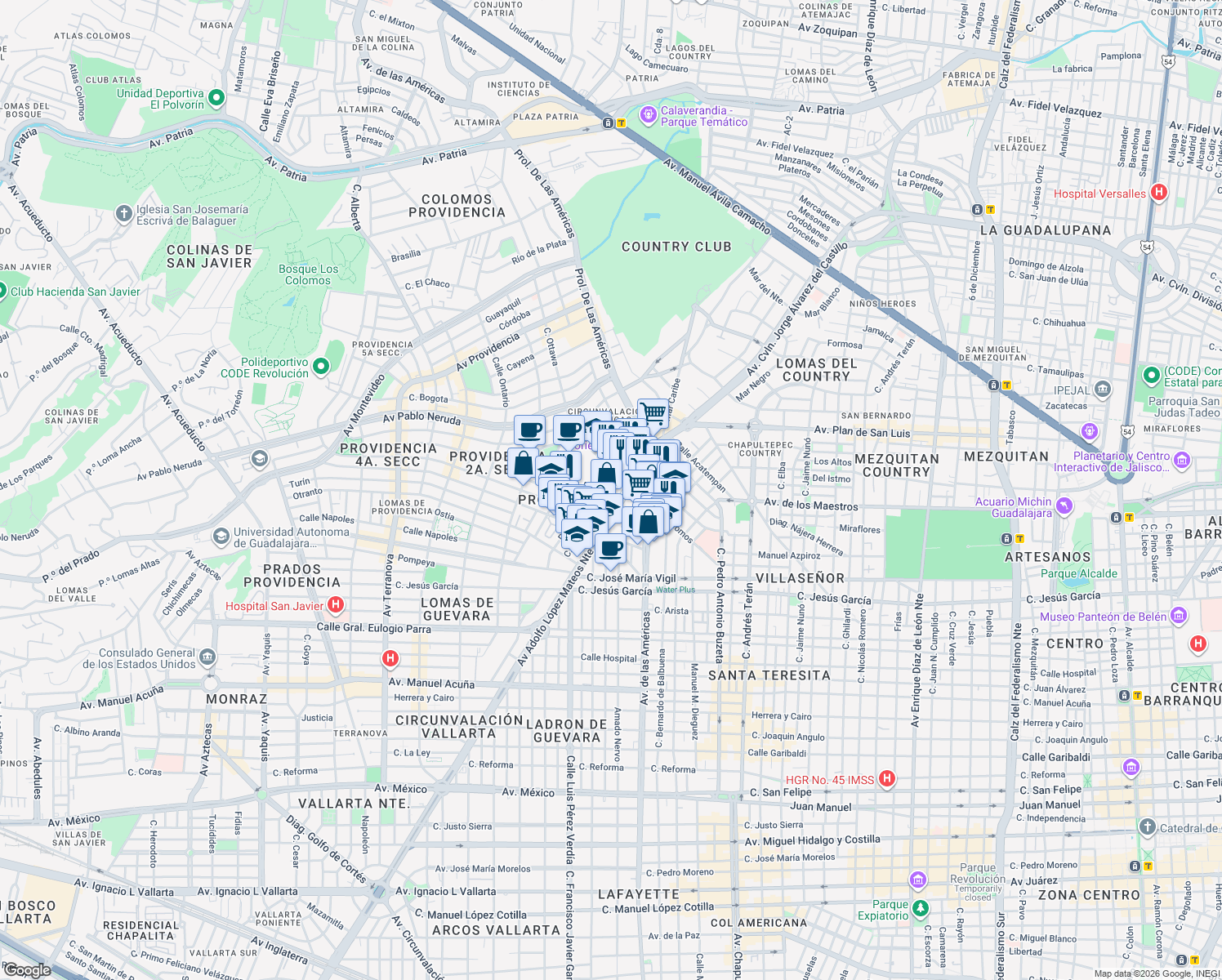 map of restaurants, bars, coffee shops, grocery stores, and more near 95 Avenida Adolfo López Mateos Norte in Guadalajara