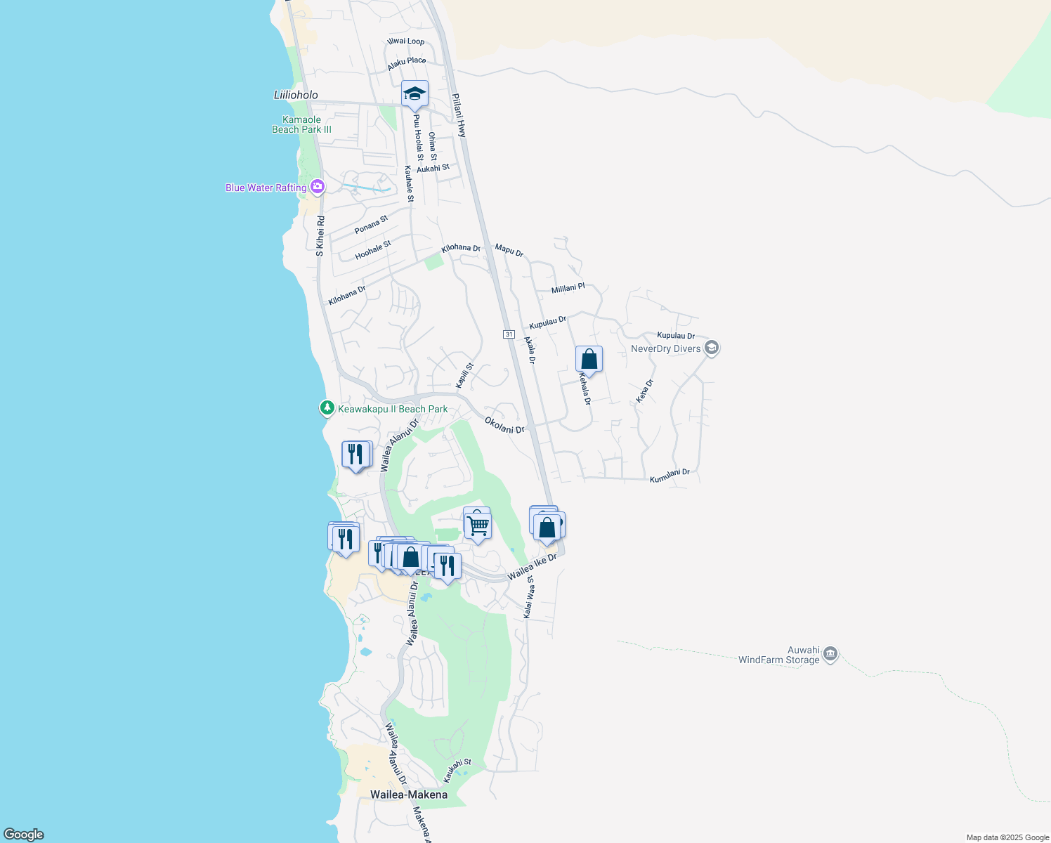 map of restaurants, bars, coffee shops, grocery stores, and more near 385 Kualono Place in Kihei