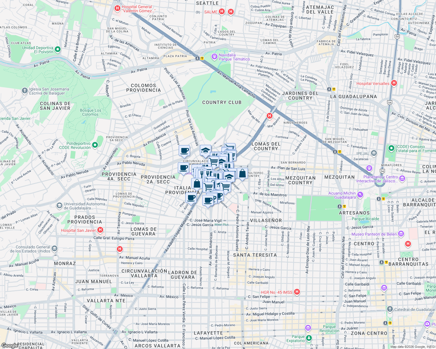 map of restaurants, bars, coffee shops, grocery stores, and more near 1018 Avenida Circunvalación Jorge Álvarez del Castillo in Guadalajara
