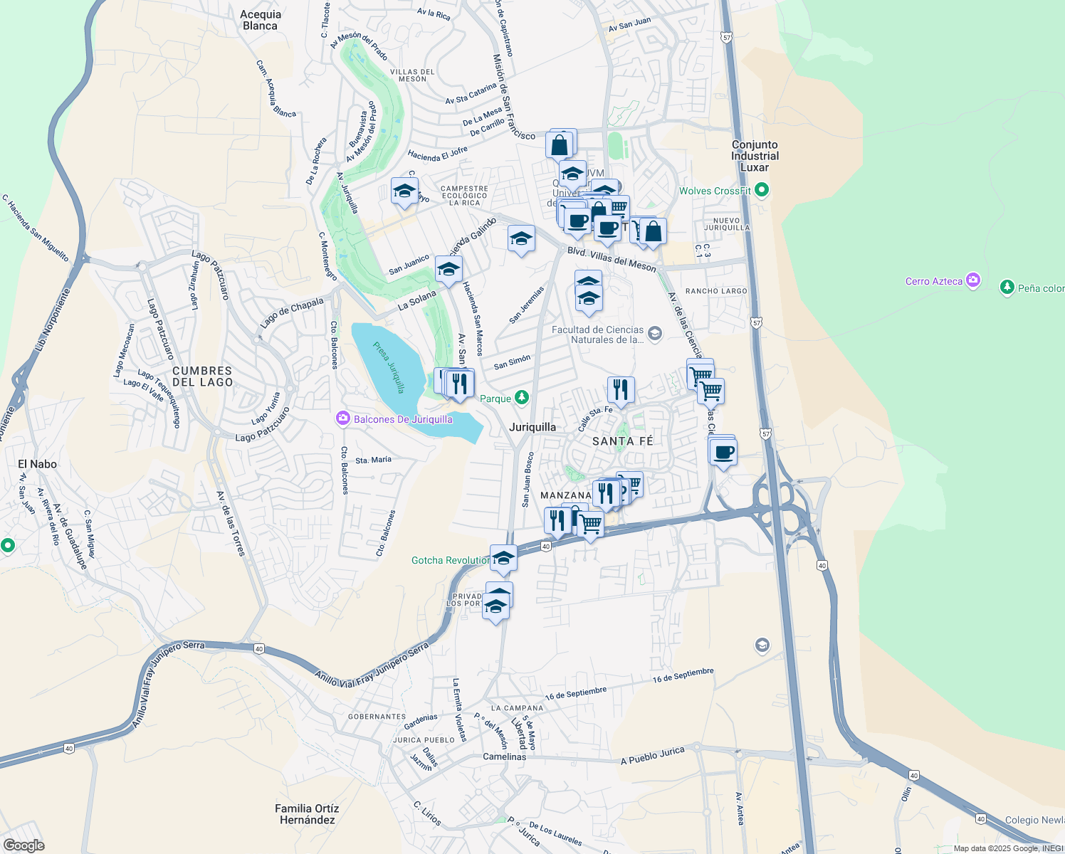 map of restaurants, bars, coffee shops, grocery stores, and more near in Juriquilla