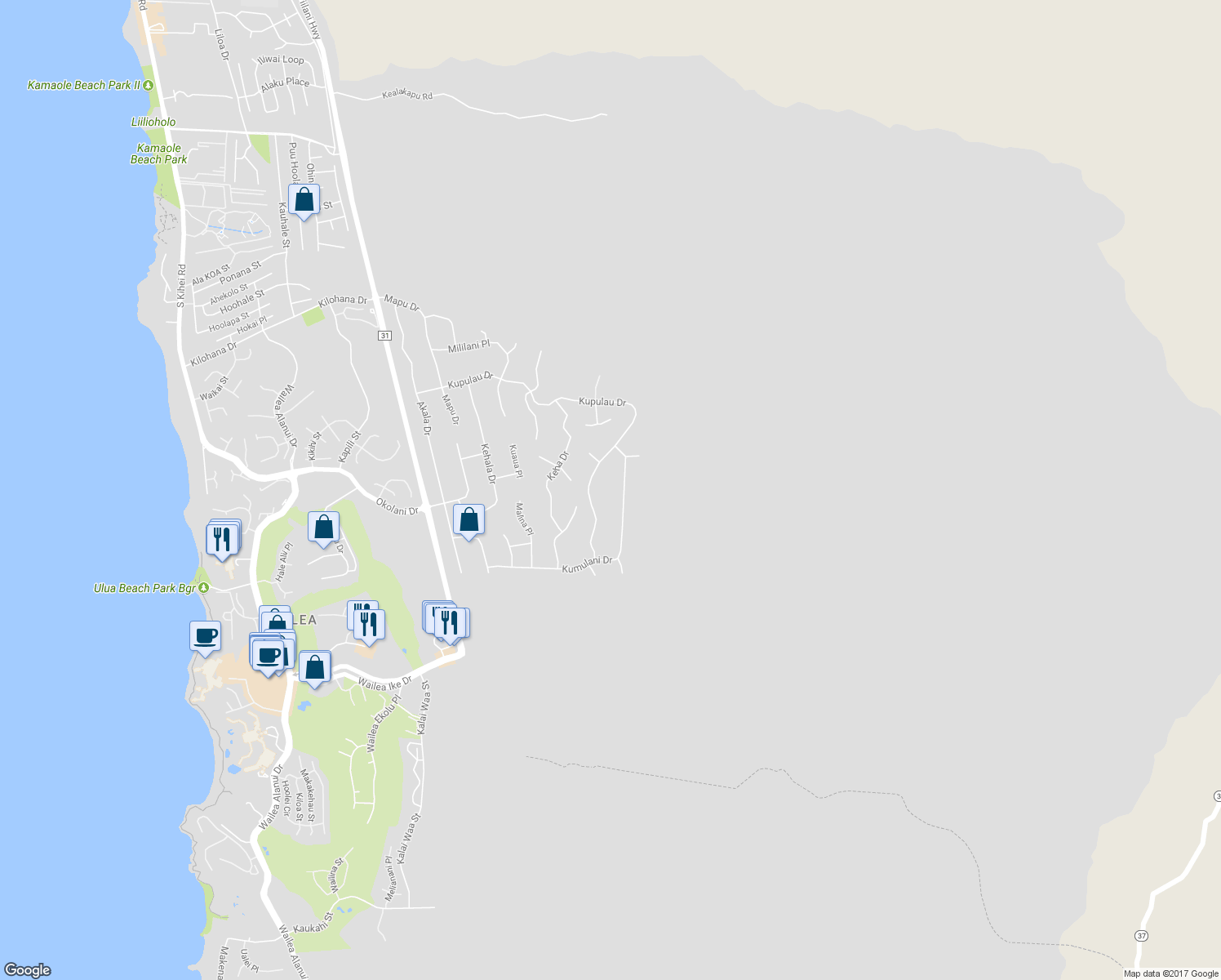 map of restaurants, bars, coffee shops, grocery stores, and more near 831 Kumulani Drive in Kihei