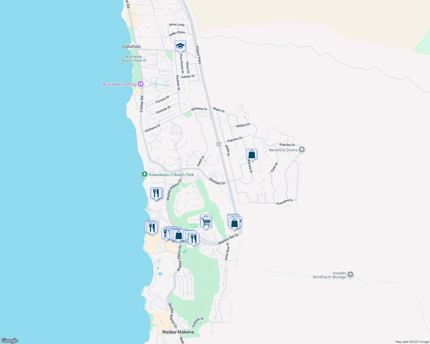 map of restaurants, bars, coffee shops, grocery stores, and more near 347 Kualono Place in Kihei