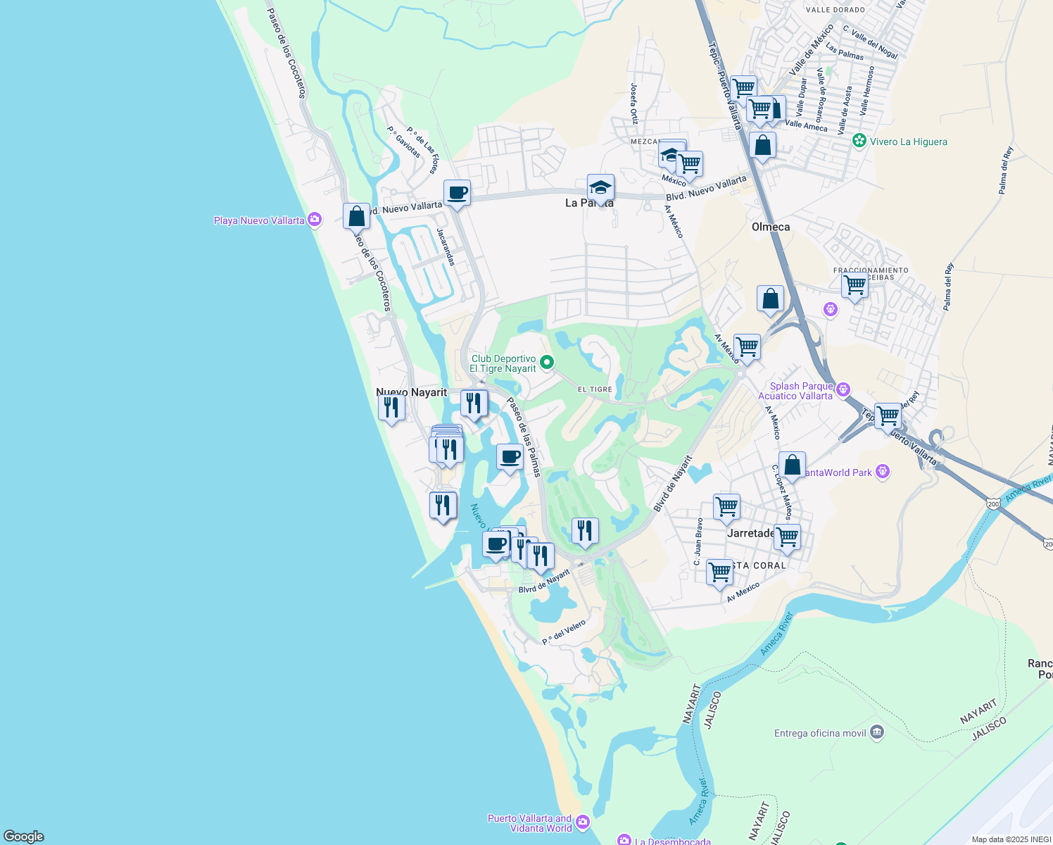 map of restaurants, bars, coffee shops, grocery stores, and more near Calle Faisanes in Nuevo Vallarta