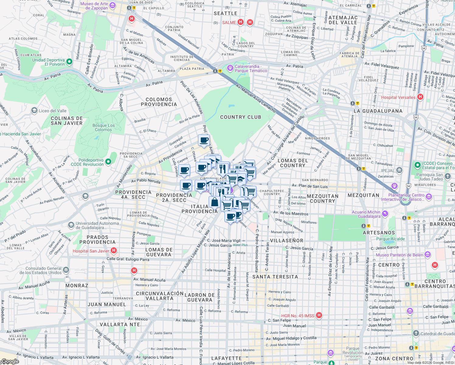map of restaurants, bars, coffee shops, grocery stores, and more near 1500 Avenida de las Américas in Guadalajara