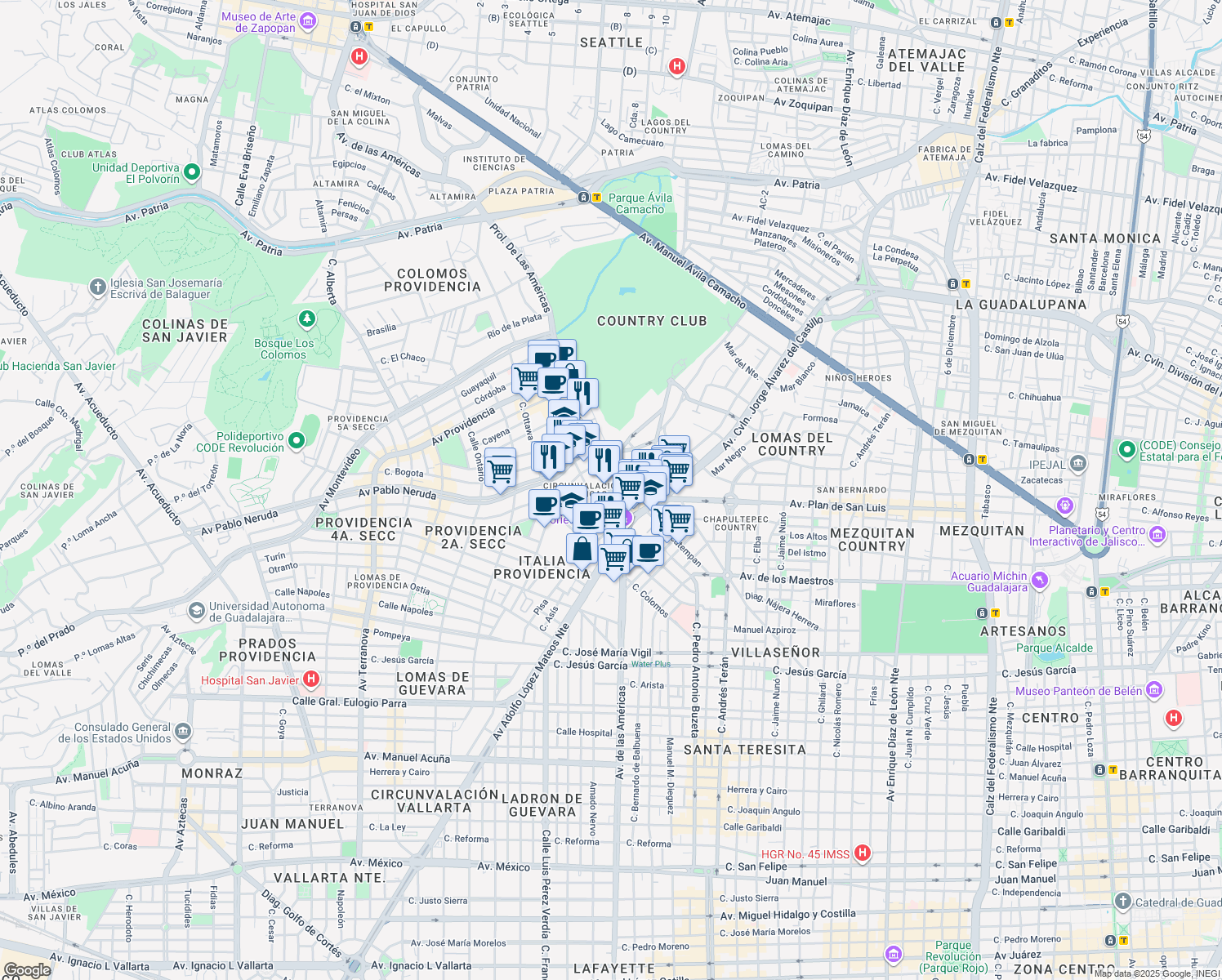 map of restaurants, bars, coffee shops, grocery stores, and more near 1500 Avenida de las Américas in Guadalajara
