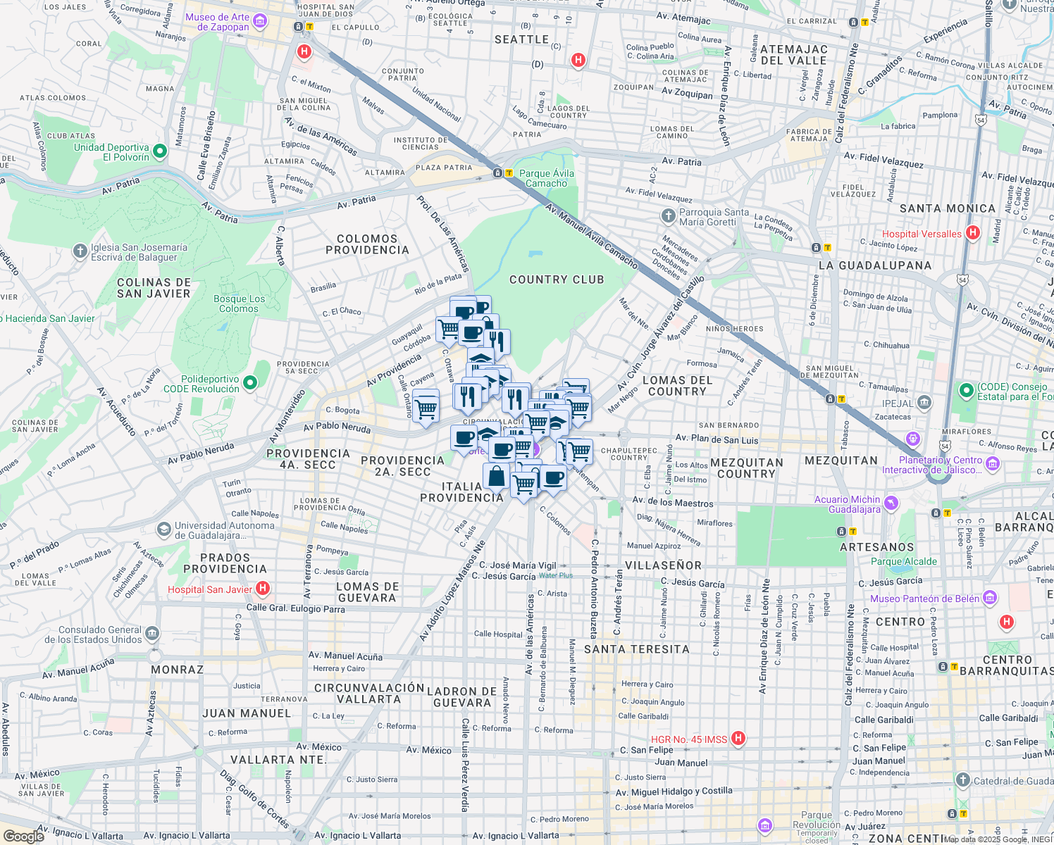 map of restaurants, bars, coffee shops, grocery stores, and more near 1500 Avenida de las Américas in Guadalajara