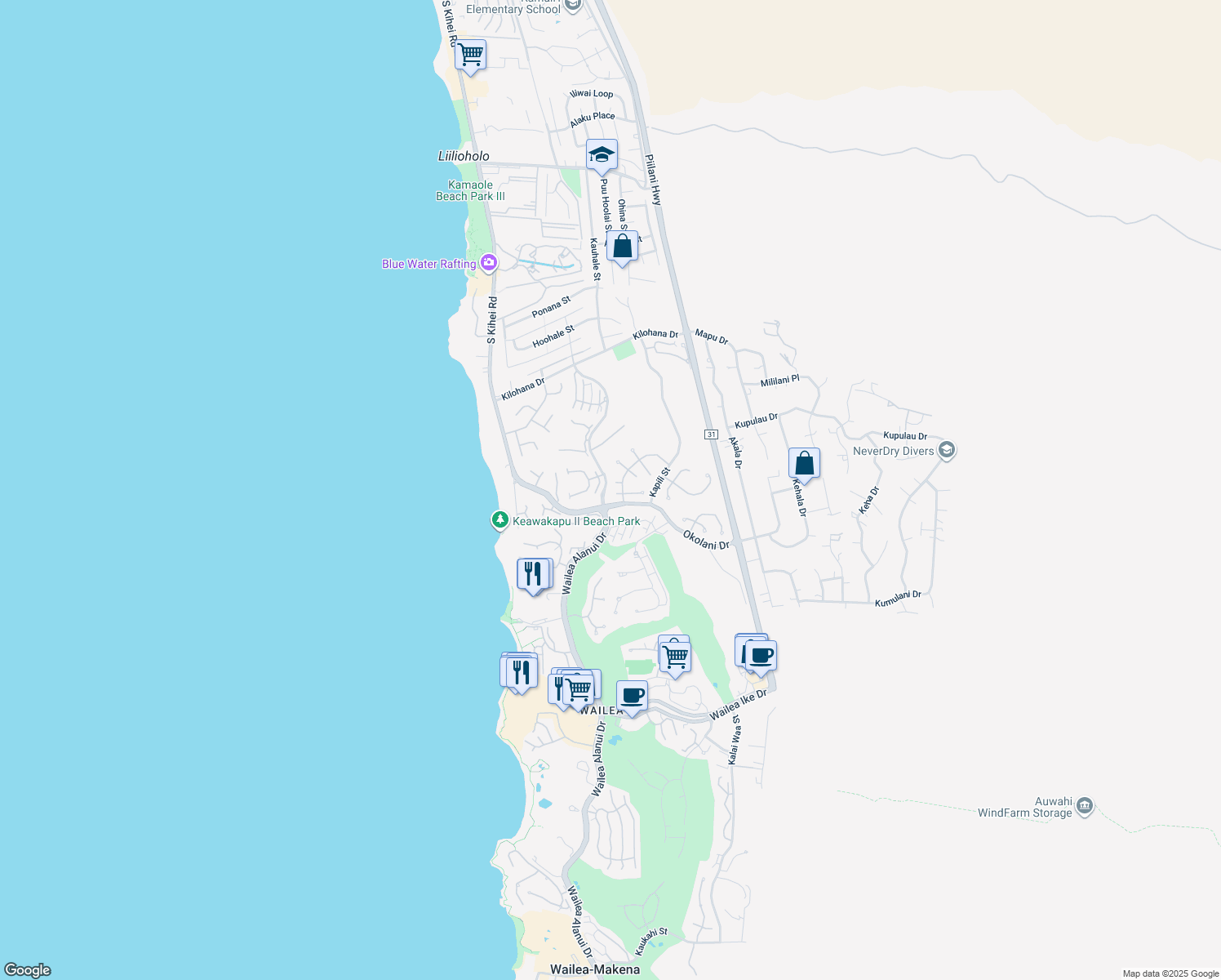 map of restaurants, bars, coffee shops, grocery stores, and more near 178 Alaula Place in Kihei