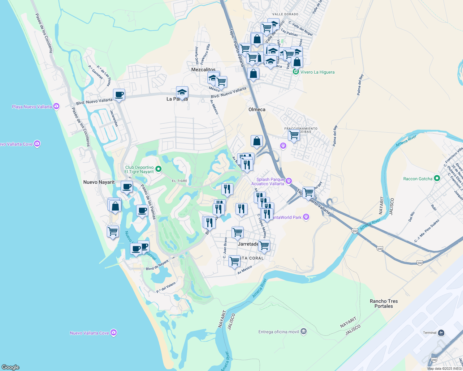 map of restaurants, bars, coffee shops, grocery stores, and more near Boulevard de Nayarit in Jarretaderas