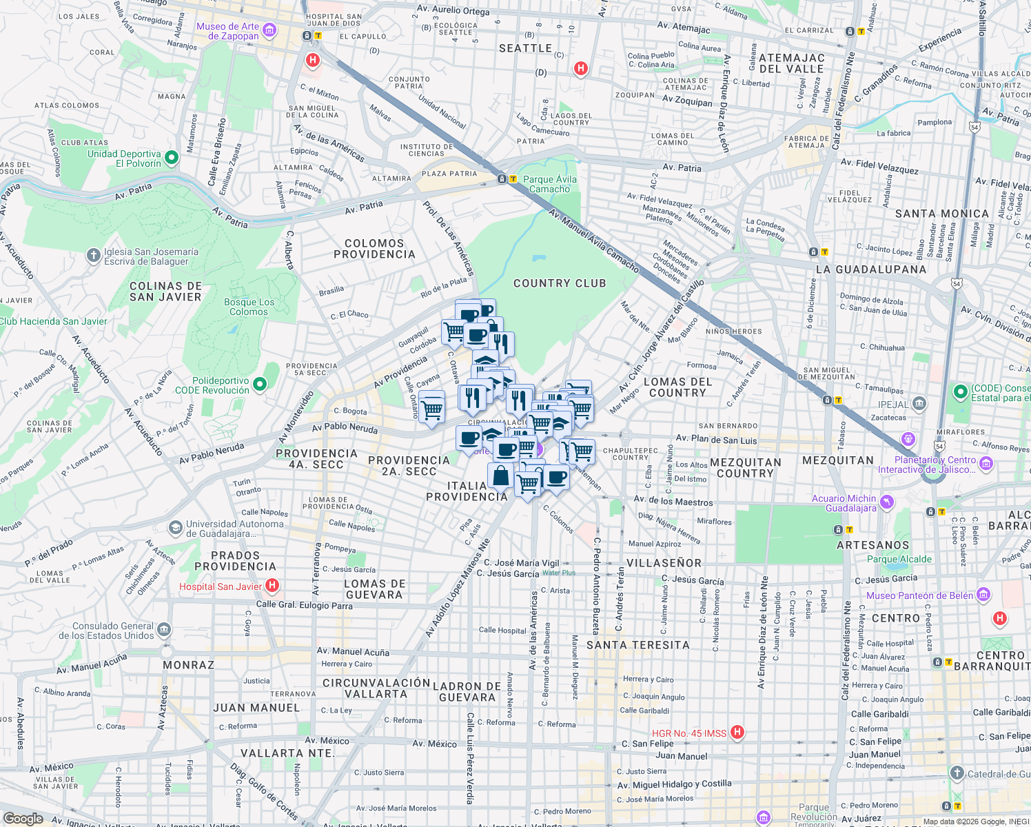 map of restaurants, bars, coffee shops, grocery stores, and more near 1421 Avenida de las Américas in Guadalajara
