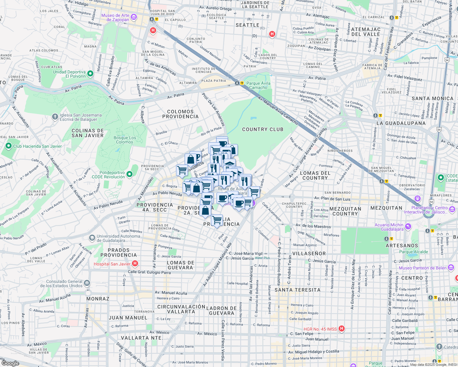 map of restaurants, bars, coffee shops, grocery stores, and more near 2300 Avenida Pablo Neruda in Guadalajara