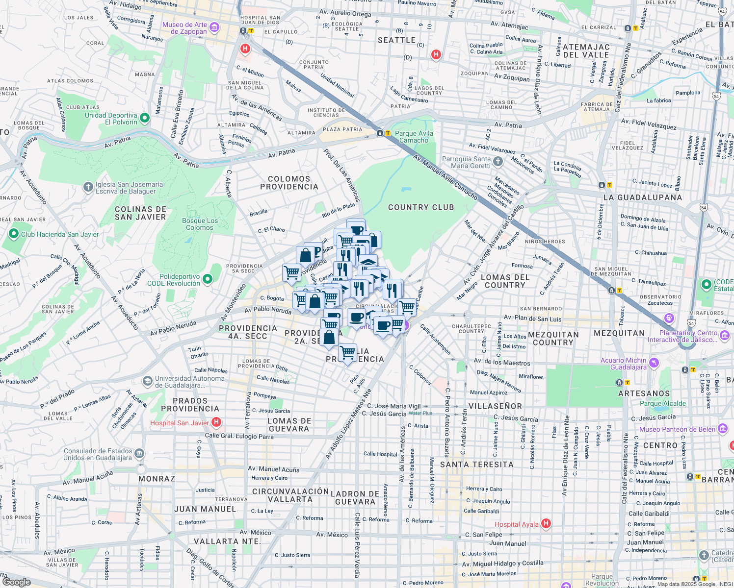 map of restaurants, bars, coffee shops, grocery stores, and more near 2300 Avenida Pablo Neruda in Guadalajara