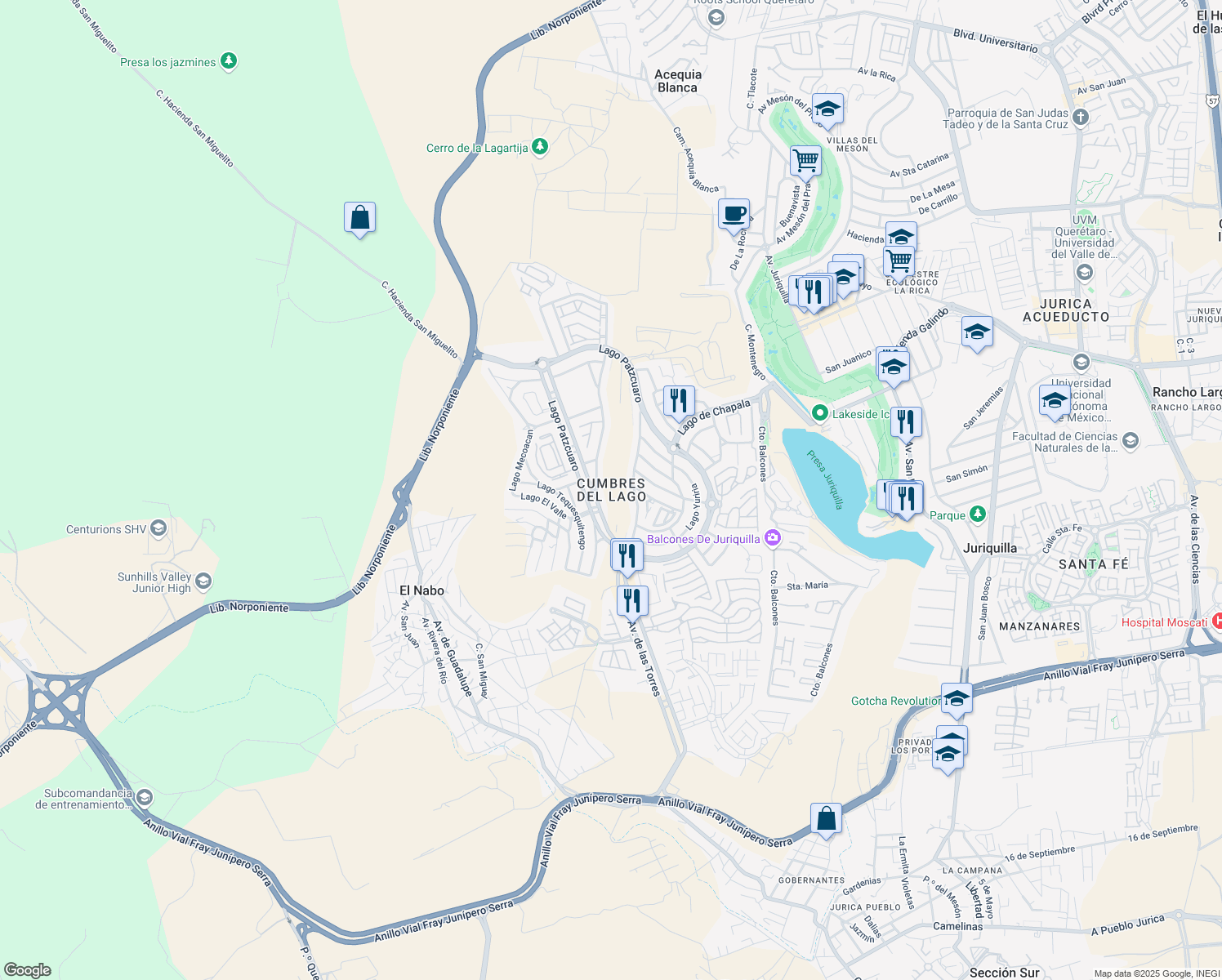 map of restaurants, bars, coffee shops, grocery stores, and more near in Santiago de Querétaro