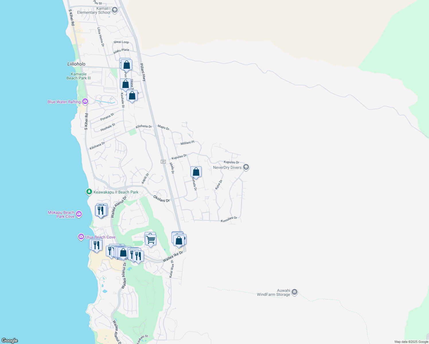 map of restaurants, bars, coffee shops, grocery stores, and more near 3283 Waileia Place in Kihei