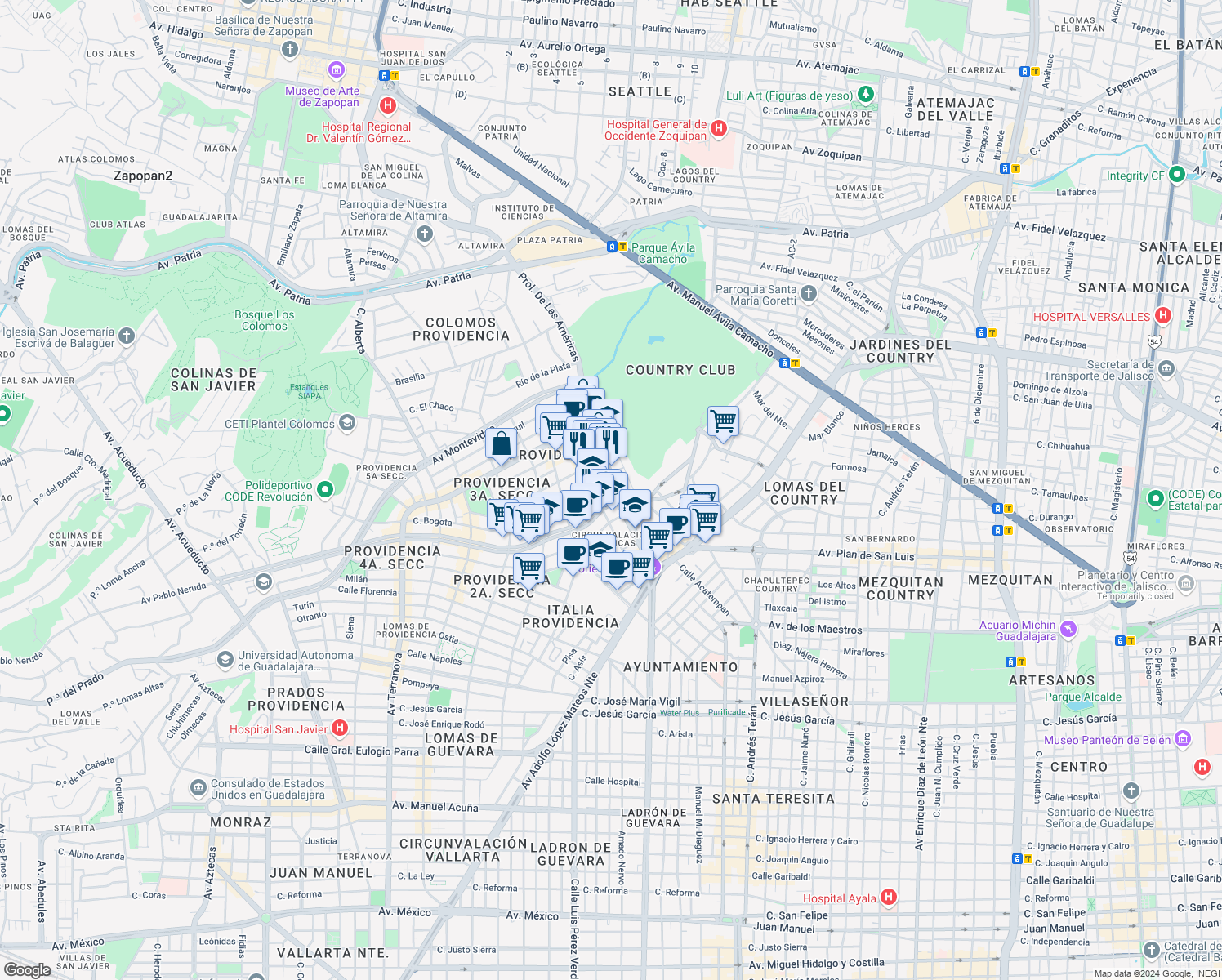 map of restaurants, bars, coffee shops, grocery stores, and more near 1413 Avenida de las Américas in Guadalajara